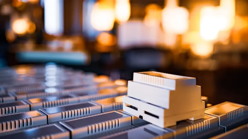 Close-up of high-tech electronic device manufacturing process.