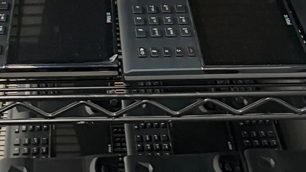 Refurbished electronic devices arranged neatly.